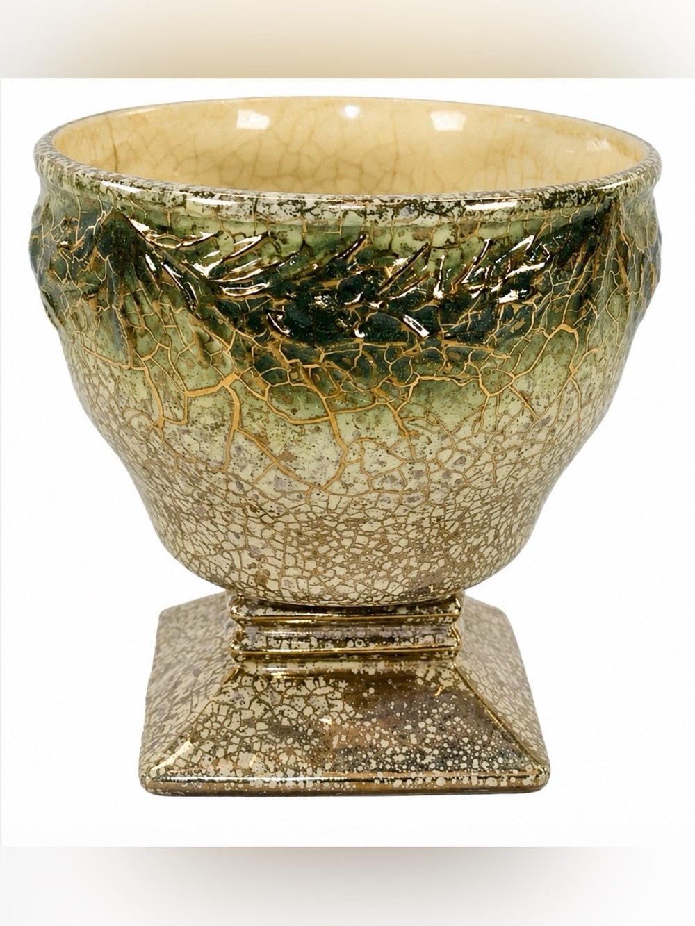 McCoy Grecian 1950s Pottery Ivory Green Spray Gold Marbling Pedestal Bowl 449